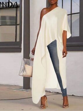 Vonda Elegant One-Shoulder Cream Asymmetric Dress Top